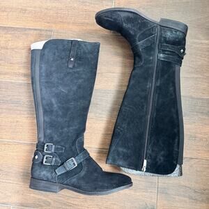 Black Suede Tall Moto Studded Wide Calf Boots Marc Fisher Arbor 9.5 NEW In Box